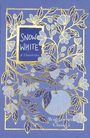 "Snow White" oben und "Wordsworth Classics" unten auf blauem Hintergrund. Goldene Blumen und Blätter umrahmen den Text.