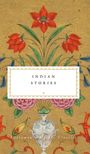 "Indian Stories" in elegantem Rahmen. Illustration mit roten, orangefarbenen und blauen Blüten auf goldfarbenem Hintergrund.