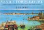 "VENICE FOR PLEASURE" steht oben, darunter weitere Informationen und der Name "J.G. LINKS". Illustration einer Küstenstadt mit Segelbooten.