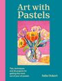 "Art with Pastels" und darunter "Julia Ockert." Buntes Pastellgemälde von Blumen in einer Vase auf pinkem Hintergrund.