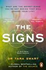 „What are the secret signs you're not seeing that will change your life?“ Text auf buntem Hintergrund, mit geometrischen Formen.
