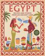 „EGYPT: Recipes and Stories from an Ancient Land“ in roten Buchstaben, abgebildet sind zwei Personen in altägyptischer Kleidung mit Körben voller Früchte und Fische, umgeben von stilisierten Pflanzen und Mustern.