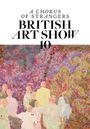 Text: "A Chorus of Strangers, British Art Show 10." Gemälde von Figuren vor einem bunten, texturierten Hintergrund.