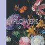 "FLOWERS" und "THE NATIONAL GALLERY" stehen auf einem floralen Gemälde mit bunten Blumen und einem Schmetterling.