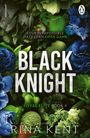 "LOVE IS IMPOSSIBLE. HATE IS AN OPEN GAME. BLACK KNIGHT. ROYAL ELITE BOOK 4" steht über floralen Mustern in Grün und Blau.