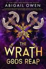 Buchtitel: "The Wrath Gods Reap" von Abigail Owen. Zwei detaillierte, goldene Doppelaxt-Illustrationen auf lila Hintergrund.