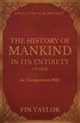 "THE HISTORY OF MANKIND IN ITS ENTIRETY (Abridged)" auf rotem Hintergrund mit goldenen Verzierungen.