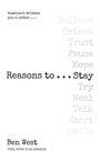 Text: "Reasons to Stay", "Ben West", "Cover to be revealed". Unten ein schwarzes Logo mit einem Hahn und "bantam". Hellblauer Hintergrund.