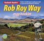 "Rob Roy Way map booklet" steht groß geschrieben. Landschaft mit Hügeln, einer Statue von Rob Roy, Bäumen und einem See.