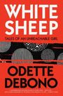 „WHITE SHEEP: Tales of an Unreachable Girl“ von Odette Debono. Roter Hintergrund, abstrakte schwarze und weiße Muster.