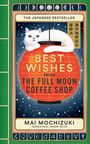 „Best wishes from the Full Moon Coffee Shop“. Illustration: Weiße Katze auf roter Laterne, Mondphasen, grüner Rahmen.