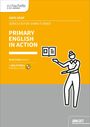 "Primary English in Action" steht auf orangefarbenem Hintergrund mit einer Illustration einer Frau, die ein Buch präsentiert.
