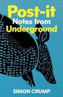 Text: "Post-it Notes from Underground, Simon Crump". Ein stilisiertes Gürteltier auf blauem Hintergrund.