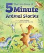 "The Lion Book of 5 Minute Animal Stories" in großen Buchstaben. Verschiedene fröhliche Tiere tanzen auf grünem Hintergrund.
