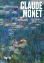 Text "CLAUDE MONET" ist groß und weiß auf einer impressionistischen Seerosen-Szene mit Blau- und Grüntönen.