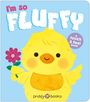 "I'm so FLUFFY", "A touch & feel book". Eine Illustration eines gelben Kükens mit Blume.