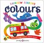 "RAINBOW RIBBONS Colours" oben, "Watch the magic rainbow ribbons appear!" unten. Illustration mit Wal, Feuerwehrauto und Apfel.