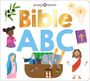 "Bible ABC" in farbenfrohen Buchstaben. Illustrationen: betendes Kind, Maria, Noahs Arche, Jesus, Bibel, Kerzen, Olivenzweig.