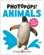 Text oben: "PHOTOPOPS! ANIMALS". Pinker Kreis: "With 5 amazing pops!". Pinguin in der Mitte mit blauen Formelementen.