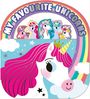 Text: "MY FAVOURITE UNICORNS". Illustration mit bunten Einhörnern, Regenbogen und Sternen. Ein großes Einhorn mit Krone vorne.