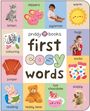 "first cosy words" in der Mitte. Umgeben von Bildern von Katzen, Pantoffeln, Pyjamas, Sonne, Strümpfen und mehr.