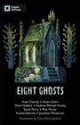 "English Heritage." "EIGHT GHOSTS." Namen von Autoren. Illustration eines mystischen Gebäudes mit Totenköpfen und Bäumen.