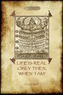 Text: "Parchment Books. LIFE IS REAL ONLY THEN, WHEN 'I AM'. G.I. Gurdjieff." Alte Illustration mit komplexen Figuren.