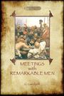 "MEETINGS with REMARKABLE MEN" und "G. Gurdjieff" auf altem Papier. Illustration von Männern in lebhafter Diskussion.