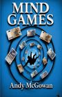 "Mind Games", "Andy McGowan" auf blauem Hintergrund mit Geldscheinen und einer fallenden Silhouette in Spirale.