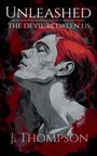 "UNLEASHED: THE DEVIL BETWEEN US" von J. Thompson, ein Gemälde eines Mannes mit roten Haaren und Schädelzeichnung.