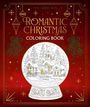 "ROMANTIC CHRISTMAS COLORING BOOK" in Gold- und Weißtönen, mit einer Zeichnung von Schneehäusern in einer Kugel auf rotem Hintergrund.