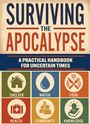 "Surviving the Apocalypse" Buchcover, bunte Symbole für Shelter, Water, Food, Health, Community, Knowledge.