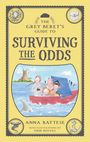 „The Grey Beret's Guide to Surviving the Odds“, ein Gemälde: Personen in einem roten Boot, Hai-Flosse im Wasser.