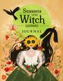“Seasons of the Witch: Lammas Journal” steht auf einem grünen Kreis. Illustration einer Frau mit Sonnenblumen.