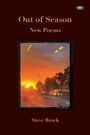 „Out of Season, New Poems, Steve Brock“. Sonnenuntergang durch ein verregnetes Fenster, warme Farben, unscharfe Lichter.