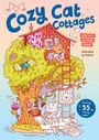 "Cozy Cat Cottages" in blauer Schrift. Illustration eines Baumhauses mit Katzen, farbenfroh und verspielt gestaltet.