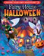 „Fairy House Halloween“ in großen Buchstaben. Zwei Feen sammeln Süßigkeiten vor einem Kürbishaus.