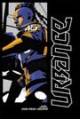 "URGENCE", "45". Illustration eines futuristischen Charakters in Blau und Orange mit Mohawk und Dreadlocks.