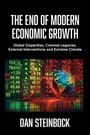 "The End of Modern Economic Growth" von Dan Steinbock. Bunter Finanzhintergrund mit Weltkarte über einem Datenbildschirm.