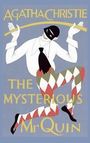 Text: "AGATHA CHRISTIE - THE MYSTERIOUS Mr Quin". Illustration eines Harlekin mit Stock und Maske.