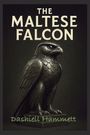 Text: "The Maltese Falcon, Dashiell Hammett." Eine detaillierte Adlerstatue in dunklen Tönen.