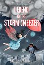 "Legend of the Storm Sneezer" steht im Zentrum. Links ein Mädchen mit Flügeln, rotem Schirm, rechts ein Junge auf einem Grabstein.