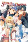 „Yona of the Dawn“, „46“, „Story & Art by Mizuho Kusanagi“. Eine bunte Manga-Illustration mit vier Charakteren und einem Tier.