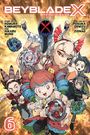 "Beyblade X" oben in großen Buchstaben; darunter mehrere Figuren in dynamischer Pose mit Kreiselspielzeug. Nummer 6 unten links.