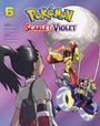 Text: "6", "Pokémon Scarlet Violet", "Story Hidenori Kusaka", "Art Satoshi Yamamoto". Illustration: Figuren mit Pokémon.