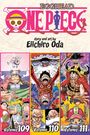 Logo „ONE PIECE“ prominent, Figuren in farbenfrohen Outfits, fröhlich und dynamisch, darunter Volumes 109, 110, 111.