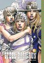 „JOJO'S BIZARRE ADVENTURE Part 7 STEEL BALL RUN“ zeigt drei stilisierte Figuren in intensiver Pose mit auffälliger Kleidung.