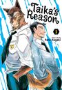Zwei Figuren, ein Wolf und ein Mensch, in Schuluniformen, Hintergrund mit blauen Spritzern. Texte: "Taika's Reason", "2".