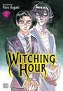 "WITCHING HOUR" in gelber Schrift. Zwei Männer in Anzügen, einer mit Brille, der andere geisterhaft. Illustration.