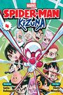 "Spider-Man: Kizuna", Band 4. Bunte Manga-Figuren in einem Spinnennetz-Stil zentriert um Spider-Man.